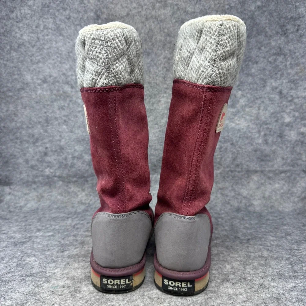 Sorel Campus Tall Boots Womens Sz 8.5 Quilted Suede Fleece Lined Burgundy Grey